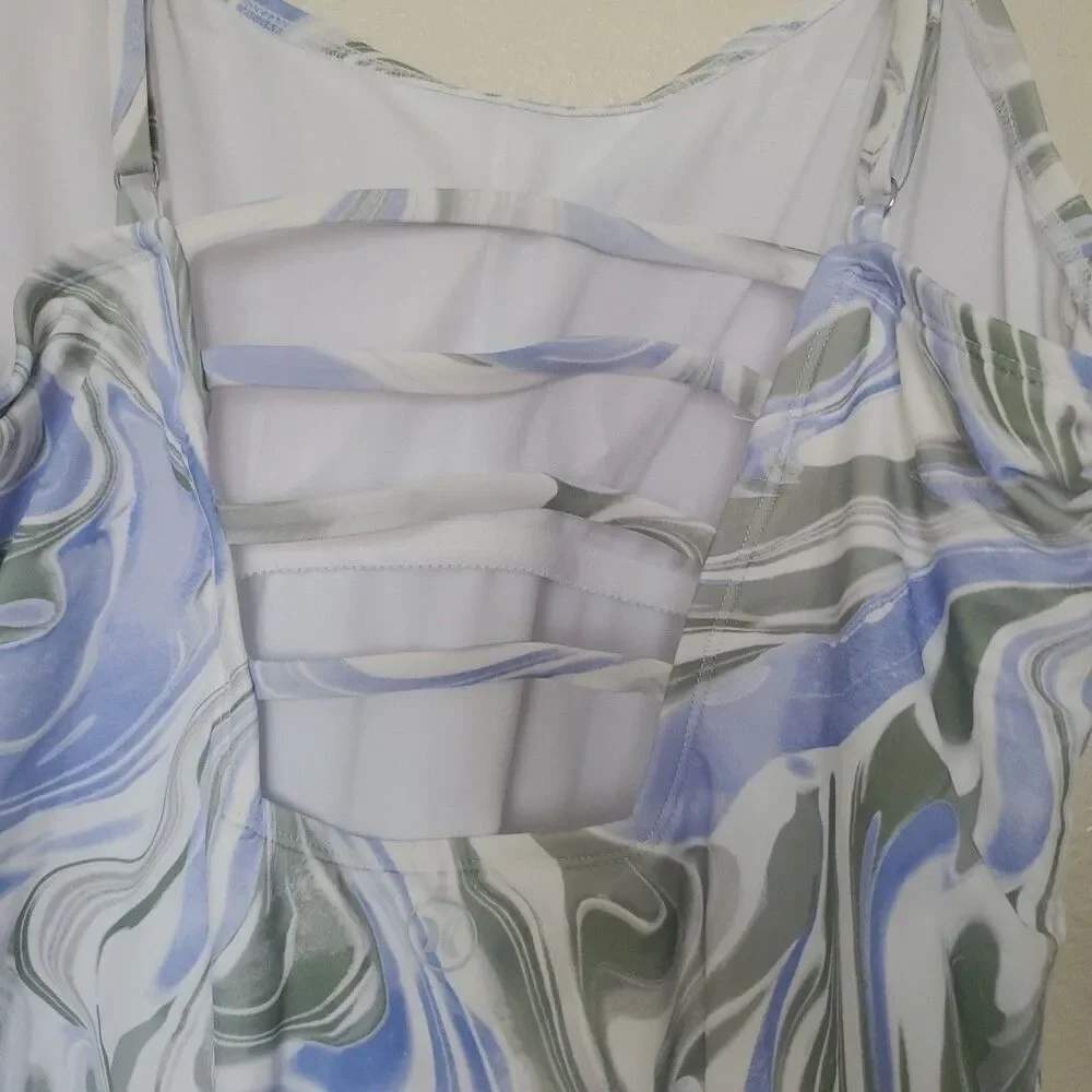 Hurley Womens XXL Marble Swirl One Piece Swimsuit Blue White Strappy Back XXL
